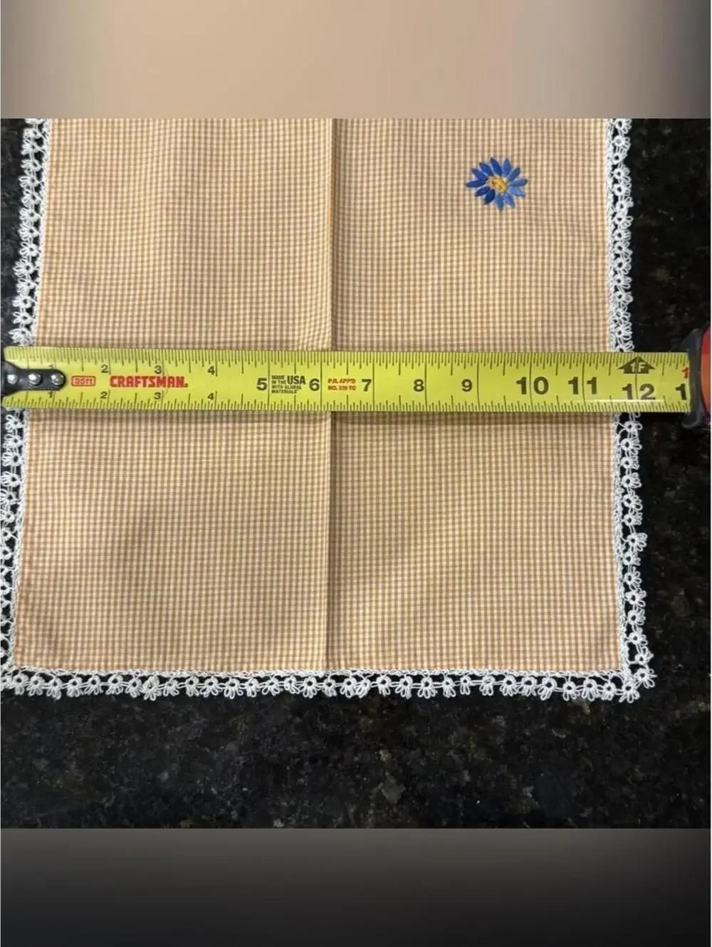 Vintage Orange Gingham Cloth Napkins with Hand-Embroidered Blue Daisy